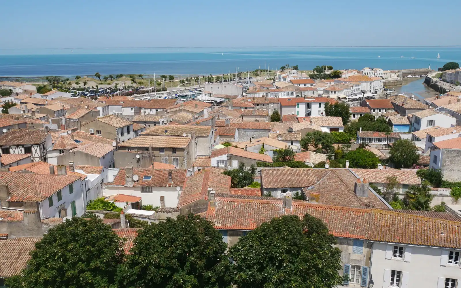 Toits de tuiles canal et façades claires de Saint-Martin-de-Ré, en Charente-Maritime, avec l'océan à l'horizon